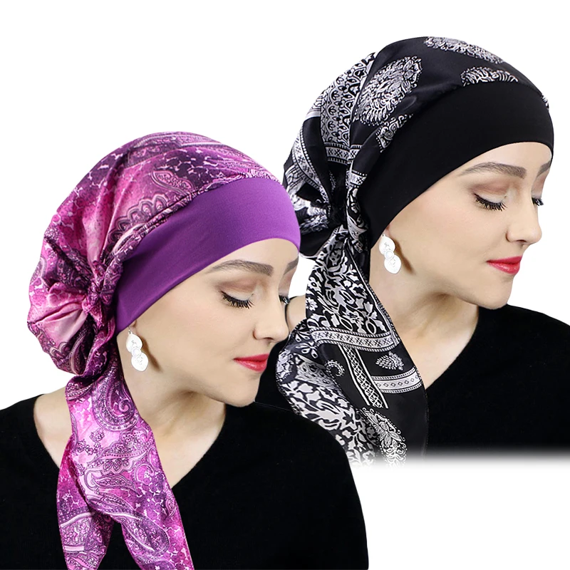 Gedruckt Pre-tie Kopftuch Frauen Elastische Muslimische Weibliche Turban Krebs Chemo Hut Haarausfall Abdeckung Kopf Wrap Kopfbedeckung Stretch Bandana – Detail 16