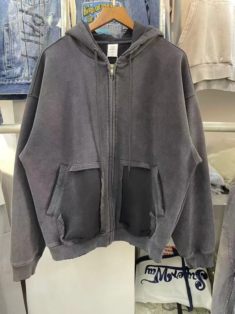 

Retro American Waed Hoodie Jaet Zipper Loose Fit ex Casual Wear Long Sve Color Zipper Hooded Sweatirt