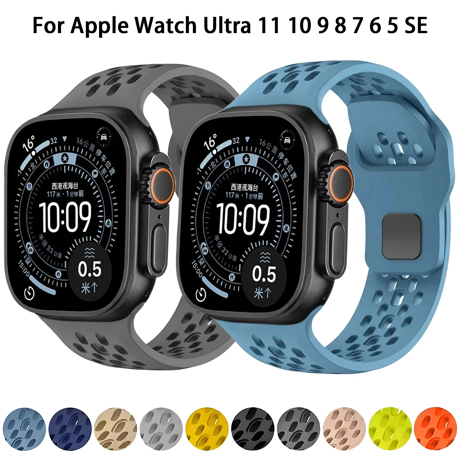 Atmungsaktives Silikonarmband für Apple Watch Band 49 mm 46 mm 42 mm 44 mm 45/41/40 mm Sportarmband iWatch Ultra 11 10 9 8 7 6 SE3 Gürtel
