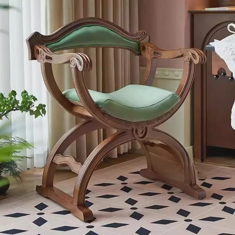 

Medieval sofa chair French retro engraved antique Dante chair solid wood olive velvet olive green American living room furniture