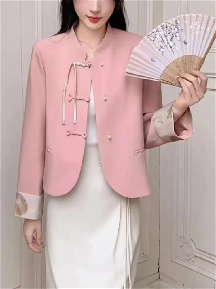 Casacos chineses femininos jaqueta curta gola fivela outwear bolso falso impresso retalhos casaco literatura feminino casacos retro