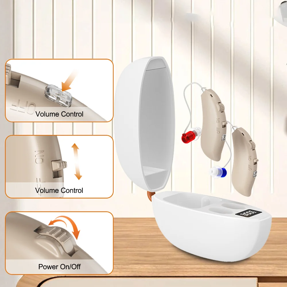 Rechargeable BTE Hearing Aid for Seniors Elderly Deaf ABS Aluminum Foil Wire RIC Digital Sound Amplifier 3 Modes Noise Reduction with Type-C Charging Case for Indoor Outdoor Home TV