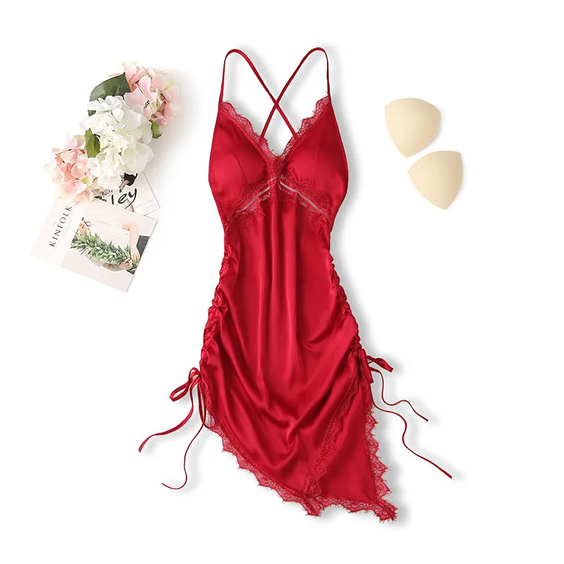 Women Nightdress Sexy Spaghetti Strap Nightgown Satin Sleepwear Intimate Lingerie Lace Patchwork Home Dressing Gown Nightwear