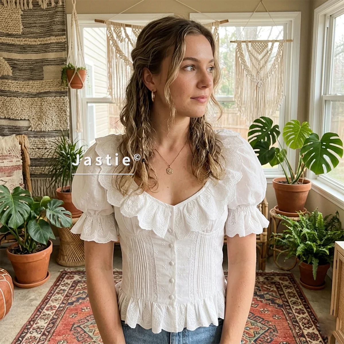 

Vintage White Ruffle Puff Sleeve Blouse Women Coquette Cottagecore Sweetheart Neck Lace Embroidery Slim Corset Crop Top Shirt