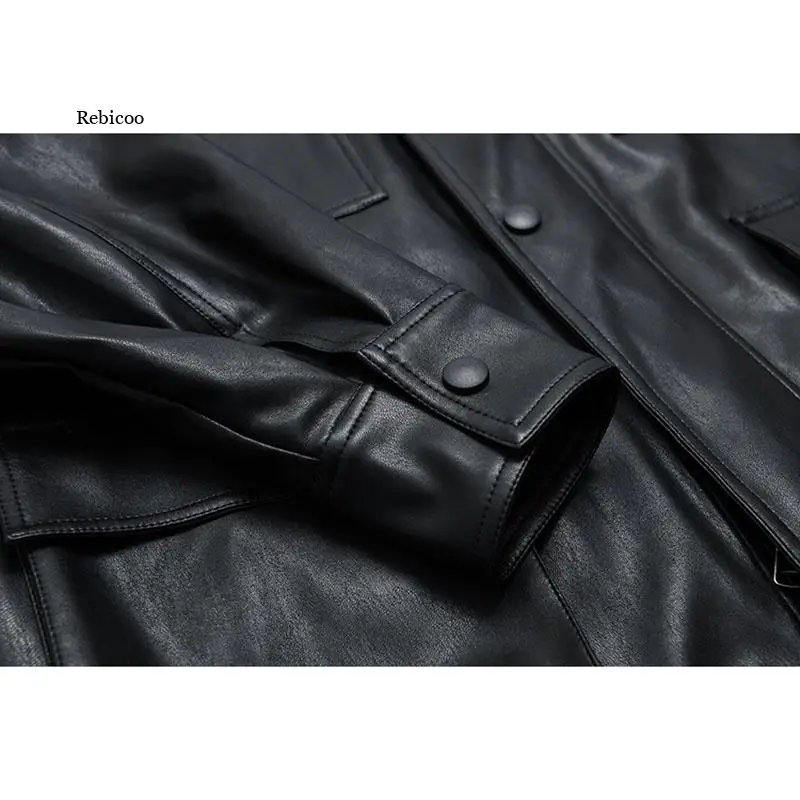 Mid-length Black PU Coats Women Faux Leather Jacket Autumn Vintage Motor Biker Jackets Elegant With Belt Waist Big Pockets Coats