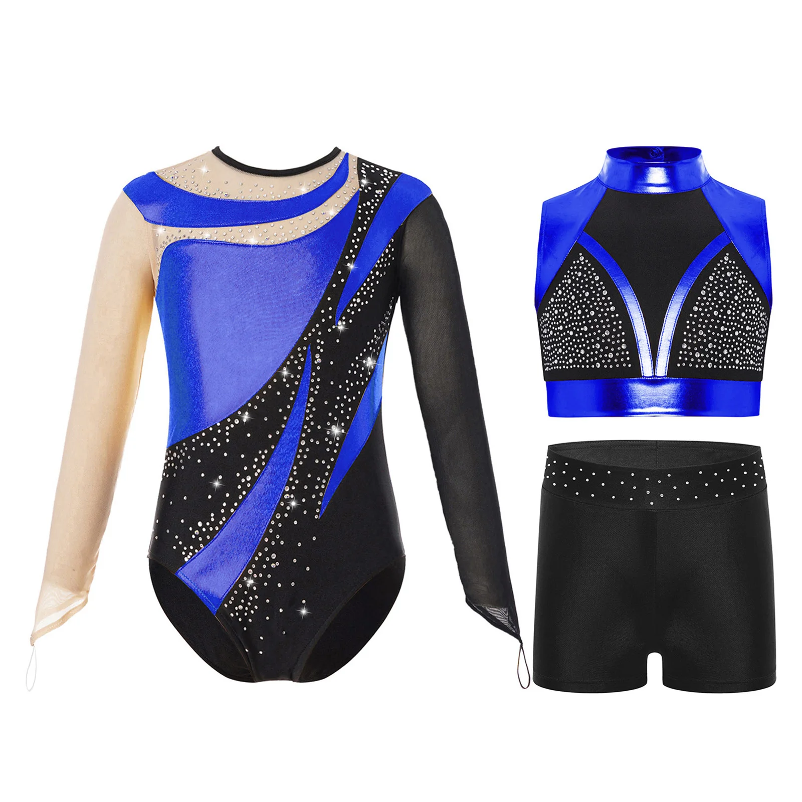 3Pcs/Set Kids Girls Acrobatics Gymnastics Outfit Mock Neck Sleeveless Color Block Metallic Crop Top+Long Sleeves Leotard+Shorts