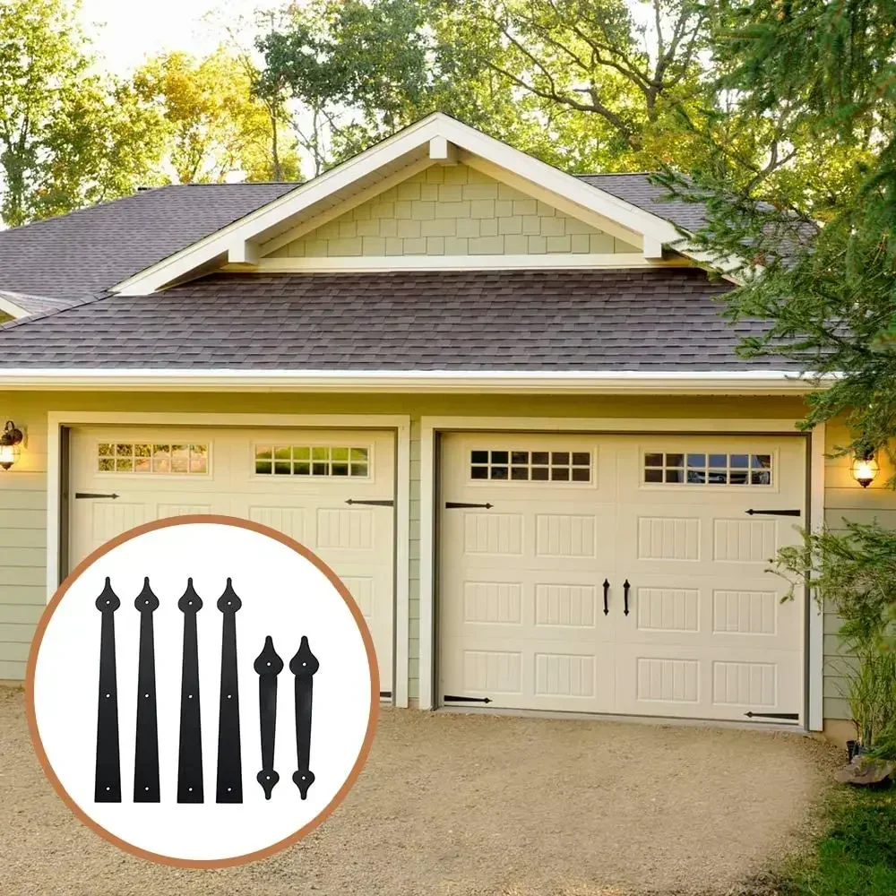 Metal Gate Door House Hinge Handle Set Decorative Garage Door Carriage Accents Door Hardware Black 2 Handles 4 Hinges