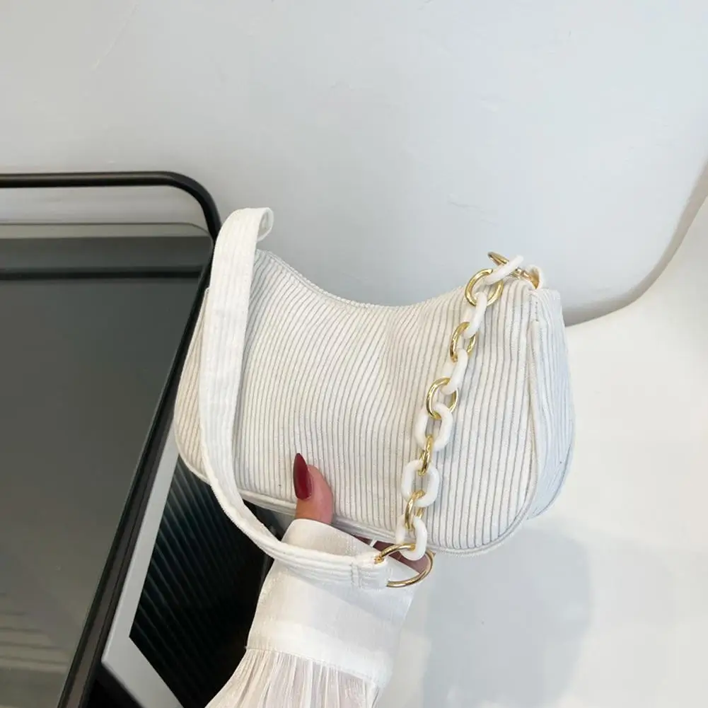 2024 New Corduroy Chain Shoulder Bag For Women Cotton Cloth Versatile Handbag Solid Color Trendy Bag With Acrylic Chain V6q6