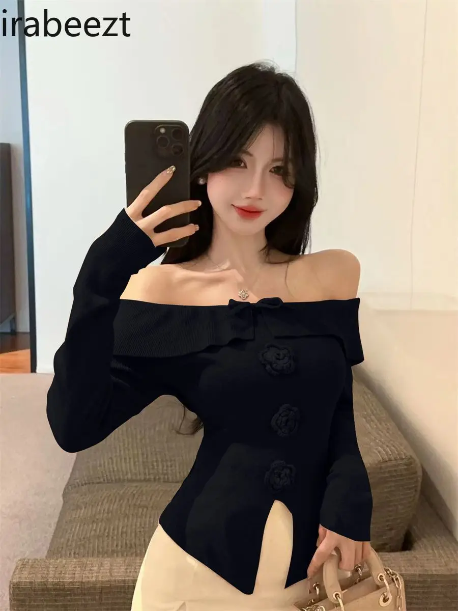 Sweet & Spicy Knit Top for Women Cute Bowknot & Ruffled Blouse with Floral Embroidery Cute & Sexy Long Sleeve Crop Top Wear