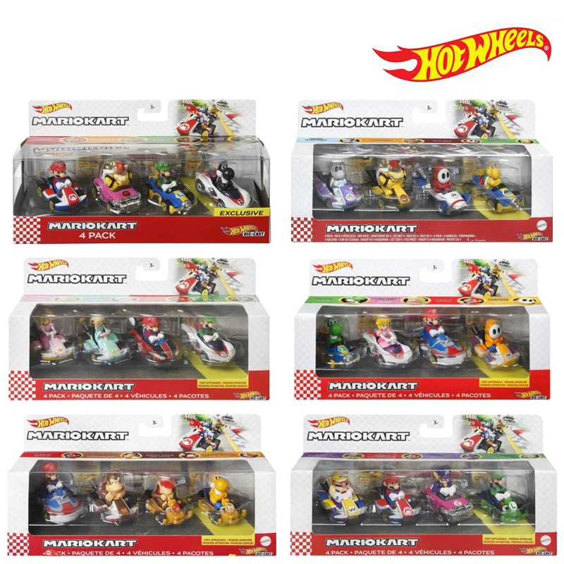 Hot Wheels GWB36 Mario Kart Vehicle 4-Pack Set Fan-Favorite Characters 1:64 Alloy Car Model Die-Cast Toy Cars Kids Gift Box