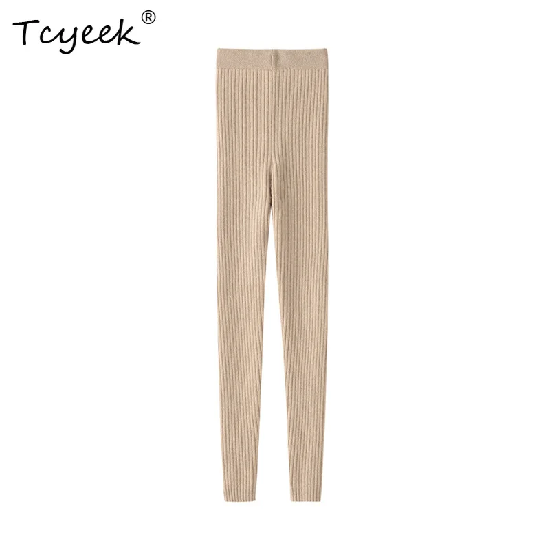 Tcyeek, 35 % Kaschmir, 65 % Wolle, warme lange Unterhose, weiche Damen-Leggings mit hoher Taille, Strickhose, 2024 Herbst-Winter B48612QC