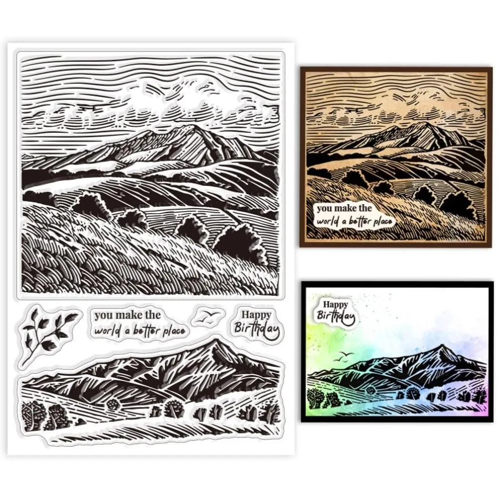 Mountain Background Clear Stamps Mountain Landscape Clear Stamps Tree Birds Silicone Stamps for DIY Scrapbooking Photo Album