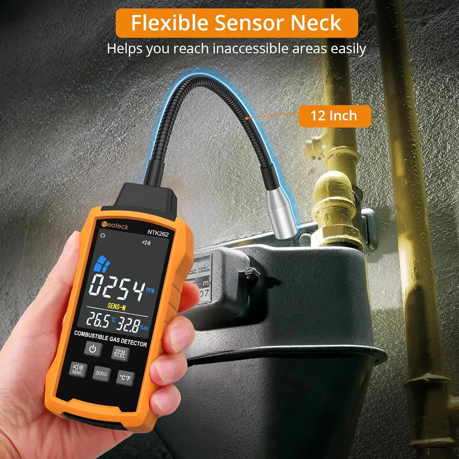 Neoteck Rilevatore di gas naturale 0-9999PPM/0%-20% Rilevatore di fughe di gas LEL con rilevatore di gas combustibile a collo di cigno da 12" con 3