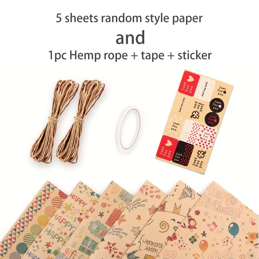 5pcs DIY Handmade Paper Wrapping Paper, with Twine Tape, Festive Party Gift Wrapping Decoration