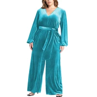 Plus Size Women V Neck Long Sleeve Slim Fit Jumpsuits Velvet Elegance Casual One Piece Catsuit Solid Vintage Party Club Rompers