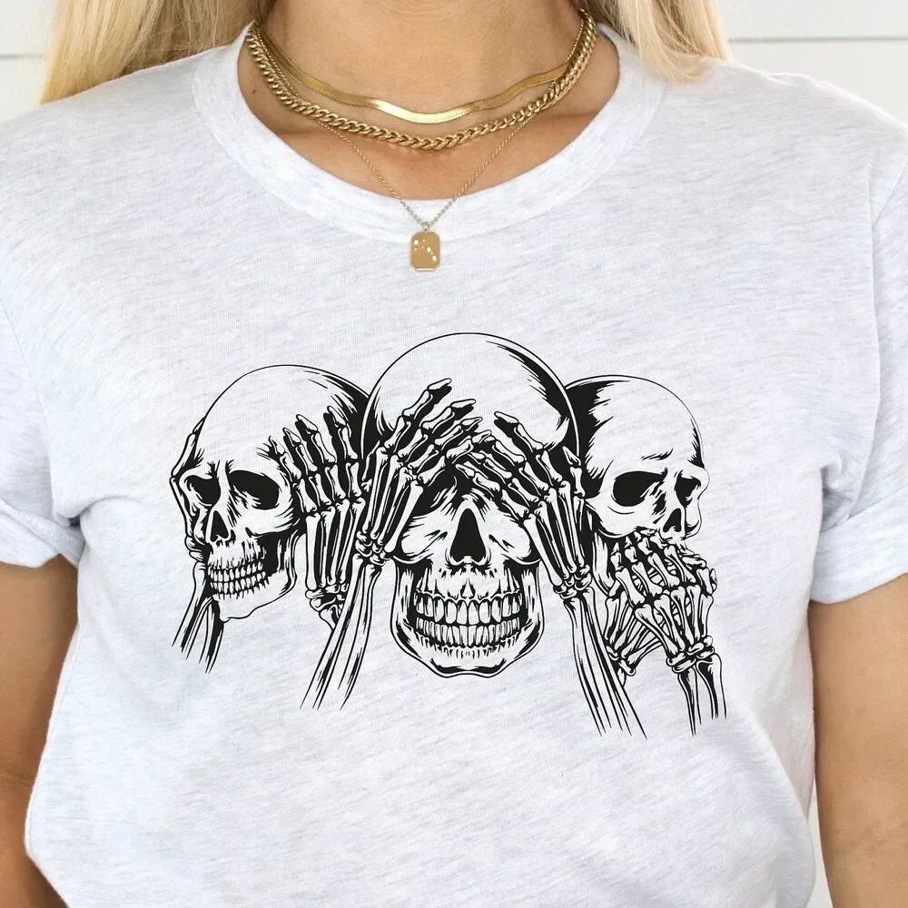 Three Wise Skulls T Shirt See Hear Speak No Evil Skull Halloween