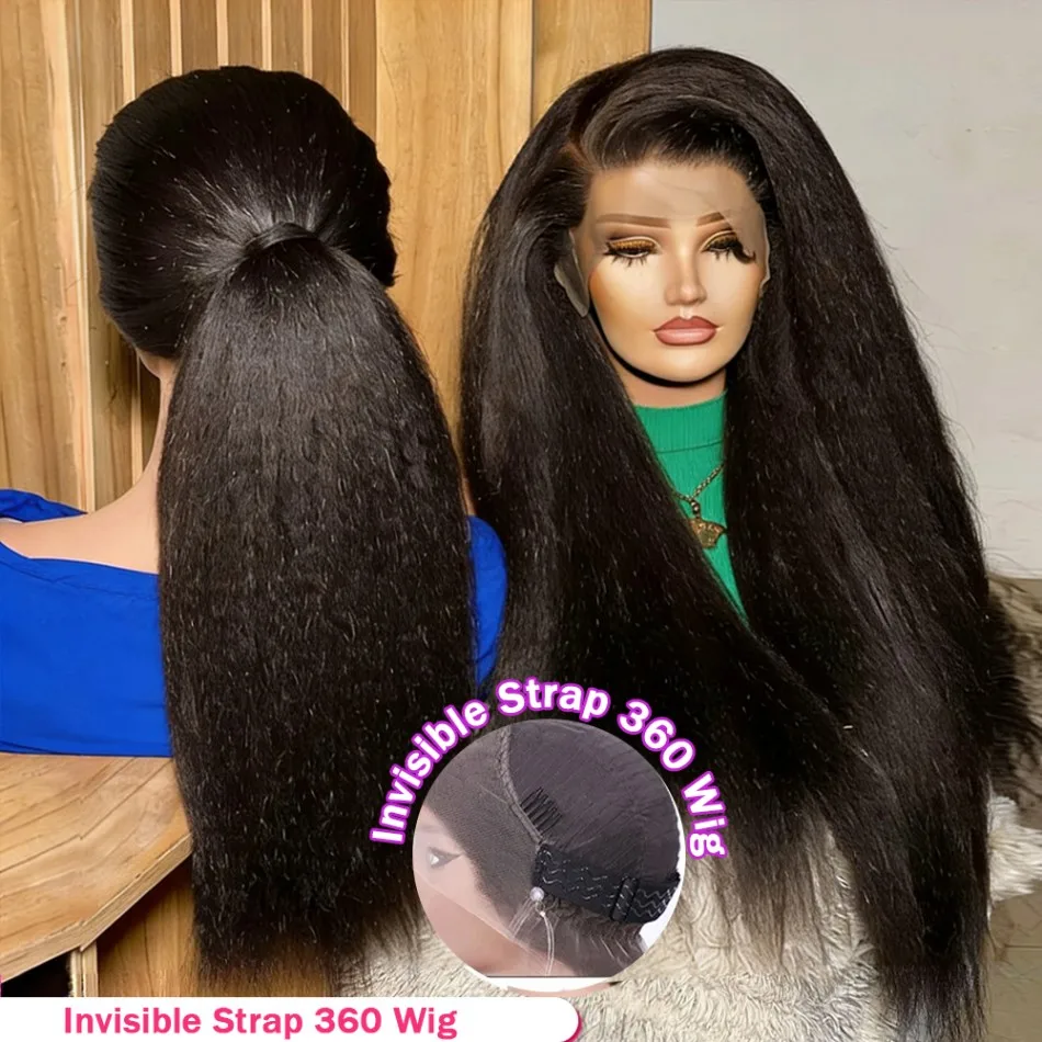 Kinky Straight Human Hair Wigs 360 Lace Front Wig Invisible Strap HD Pre