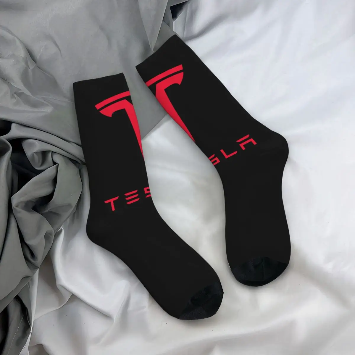 Tesla Red Logo Theme Design Men Women Socks Windproof Novelty Spring Summer Autumn Winter Stockings Gift