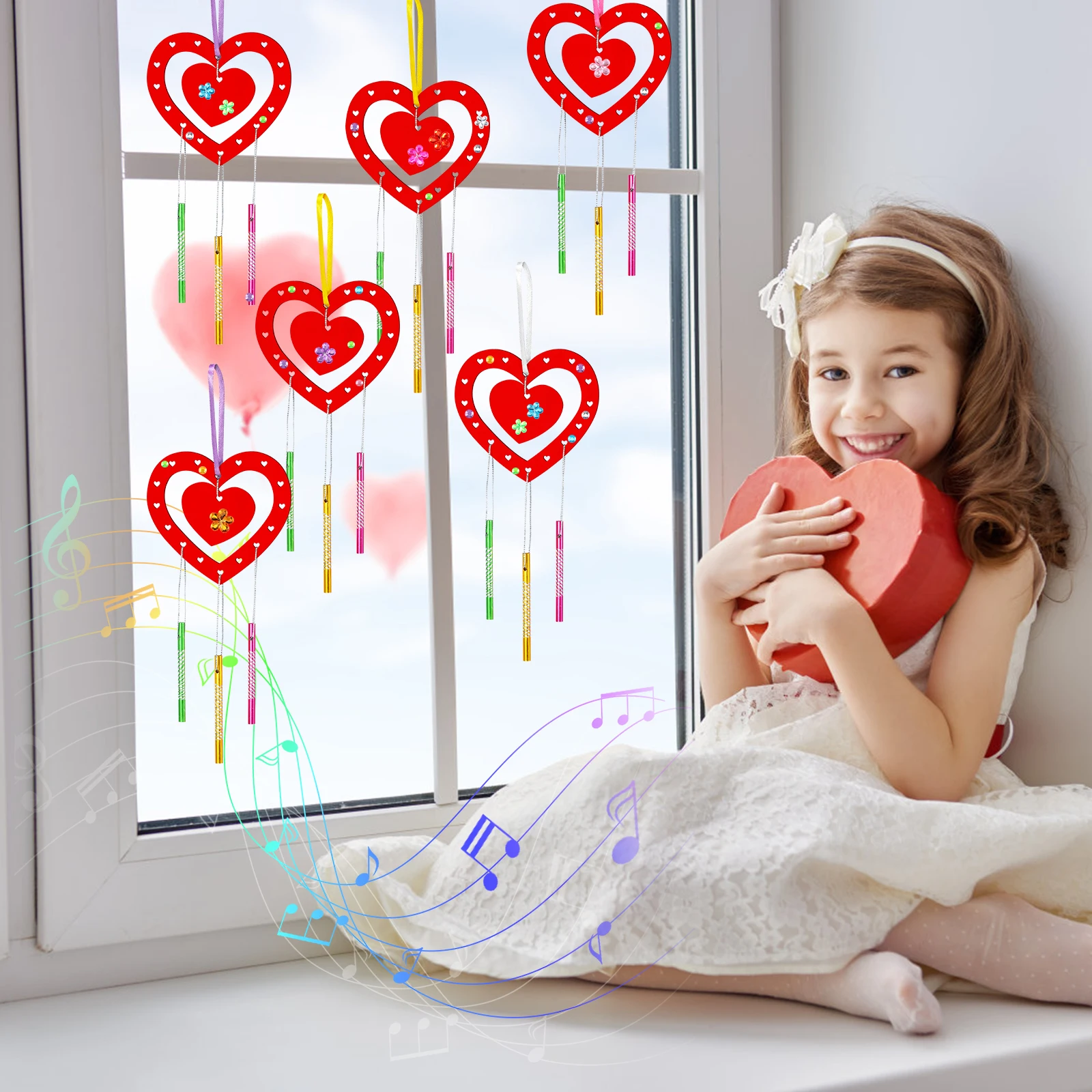 9Pcs Heart Wind Chime Kit for Kids DIY Love Wind Chimes Wooden Heart Hanging Ornament Creative Heart Wind Chime Pendant