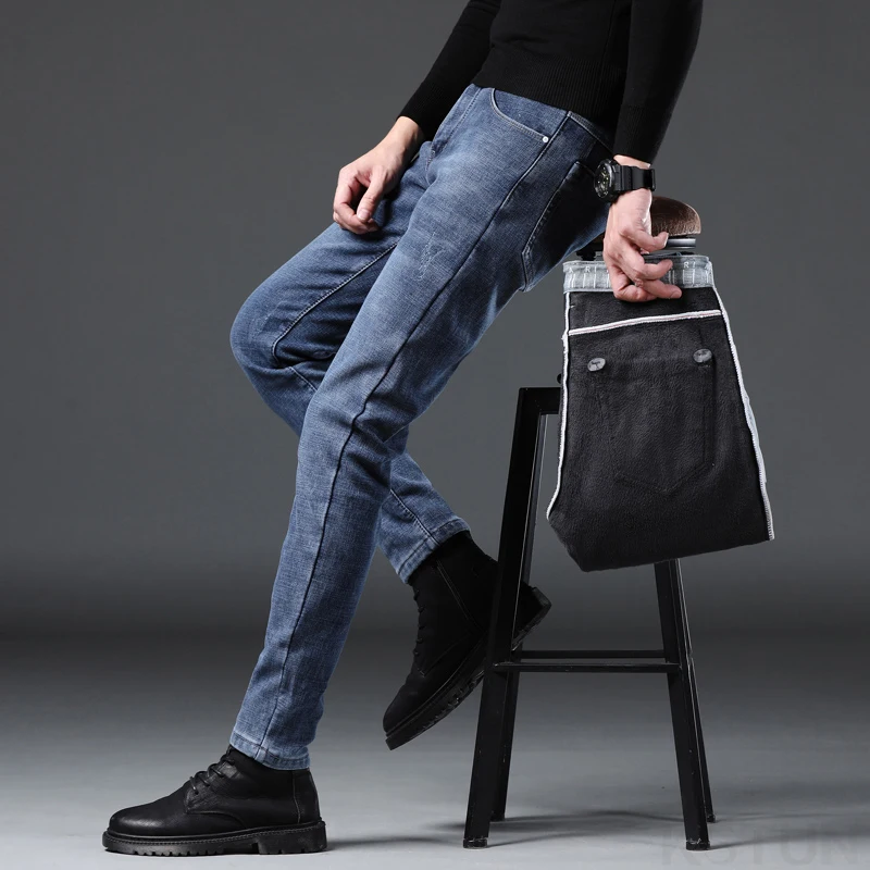 Celana Jeans Fleece KSTUN Pria Musim Dingin, Celana Denim Slim Fit Kasual Hangat, Celana Pensil Streetwear Musim Gugur Musim Dingin, Celana Skinny Biru