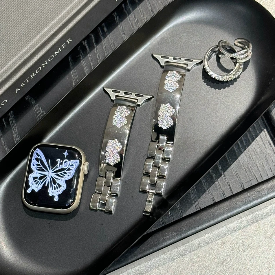 سوار مجوهرات فاخر لساعة Apple Watch Band 38 مم 40 مم 41 مم 42 مم 44 مم 45 مم 46 مم 49 مم iWatch Series 10 9 8 7 6 5 4 3 2 SE Ultra Butterfly Diamond Strap。。。