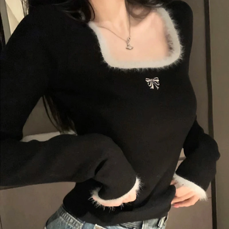 ITOOLIN Winter Women Butterfly Embroidered T-shirts Square Neck Long Sleeve Patchwork Y2K T-Shirts Autumn Women Casual Tees