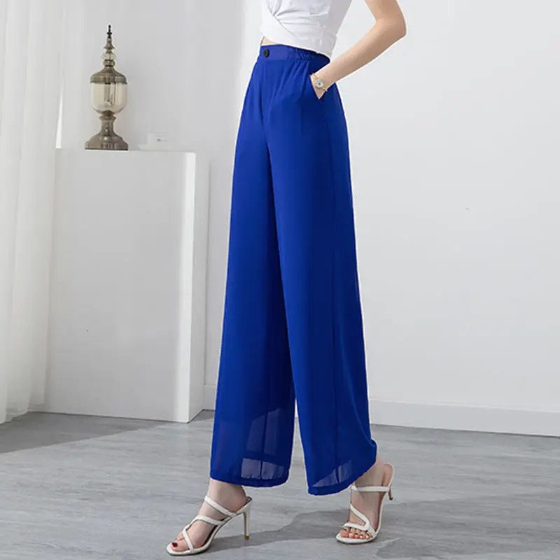 2023 Summer Commuting Simple and Fashionable High Waist Button Back Elastic Belt Solid Color Versatile Women\'s Wide Leg Pants