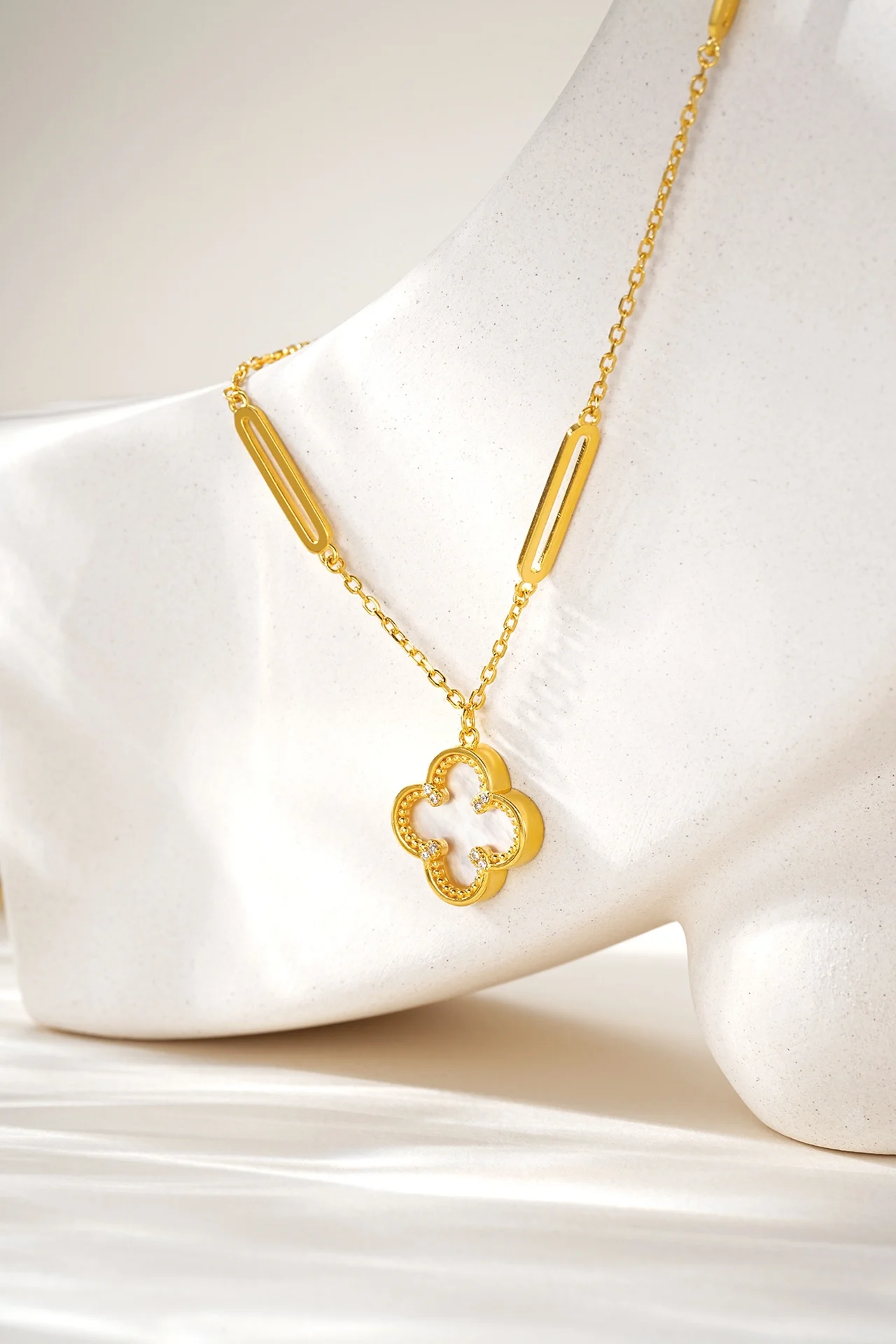 Lium الأحجار الكريمة 24k الذهب فيرميل البرسيم قلادة قلادة 925 الفضة محظوظ أربع أوراق البرسيم قلادة مجموعة مجوهرات هدايا للنساء