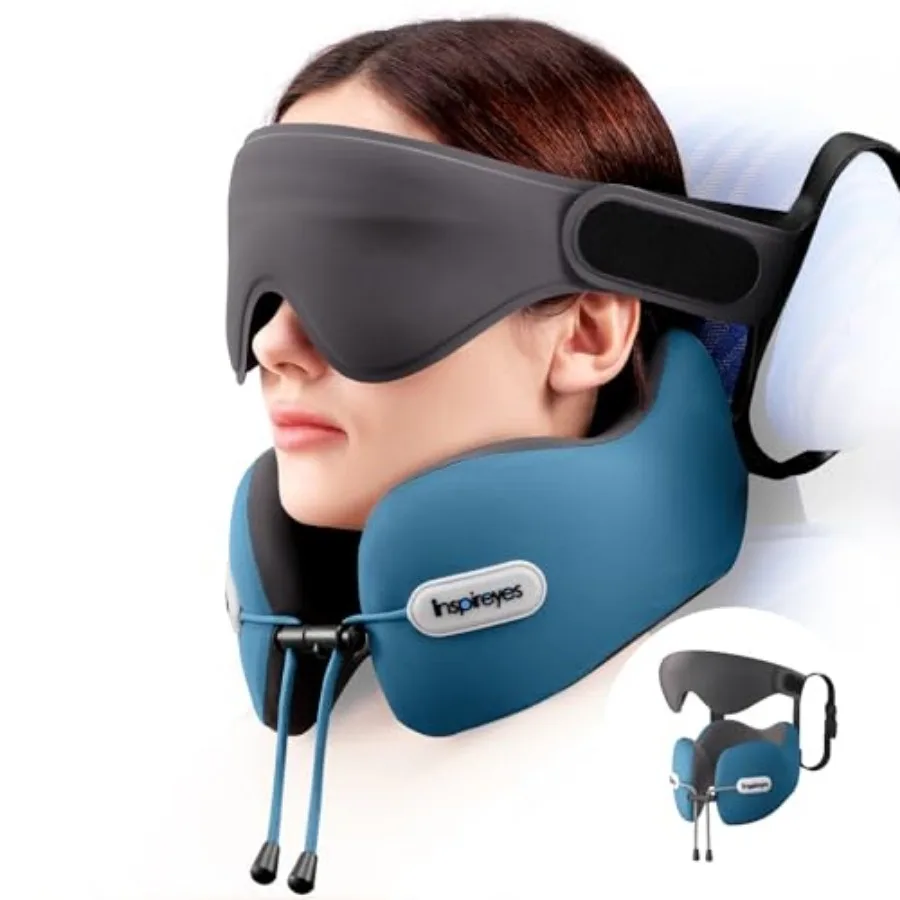 

Neck Pillow, Travel Pillow with Seat Strap, 3D Sleep Mask, Dual Support Neck and Head, High Supportive Foam Airplane Pillow for