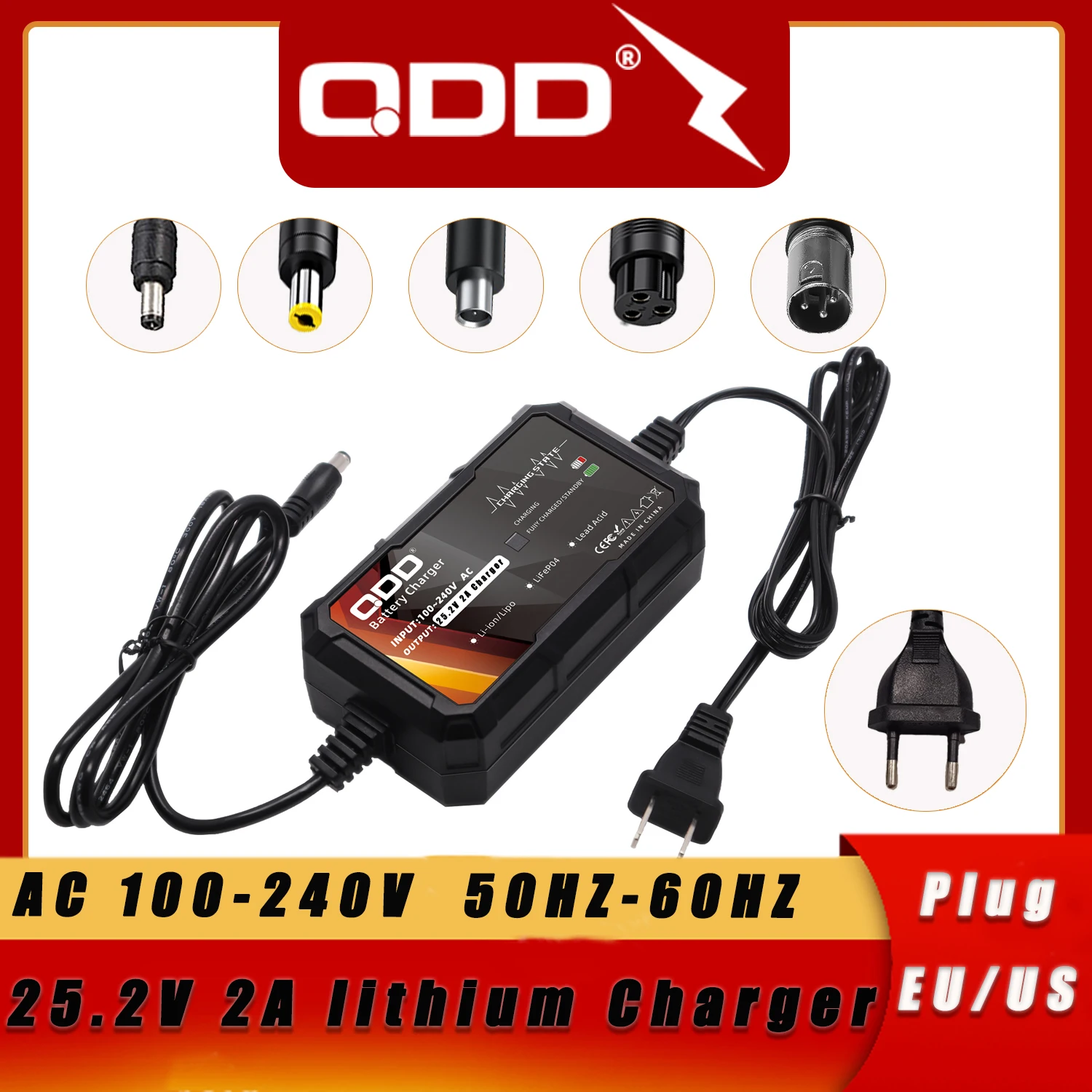 QDD 25.2V 2A charger power supply 25.2V Input 100-240V AC-DC is suitable for 6S lithium battery with DC 5.5 x 2.1 mm plug