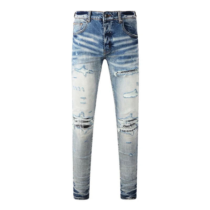 High Street Fashion New Denim Wrinkle Perforated Patch Pants Washed Nostalgic Stretch Washed Light Blue Men's Jeans Designer Hig