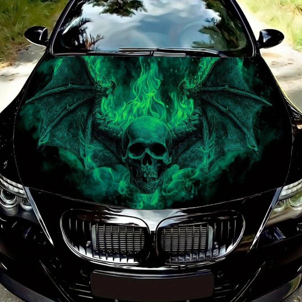 

Green Flame Skull Bat Print PVC Car Vinyl Wraps, Self-Adhesive Waterproof Car Hood Decal Sticker, Car Decoration Protection Stic