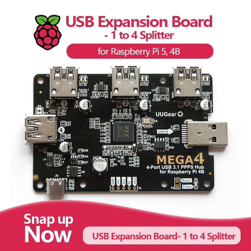 MEGA4: 4-PORT USB 3.1 PPPS HUB FOR RASPBERRY PI 5, 4B