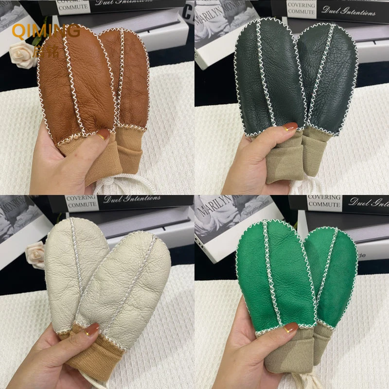 Winter Outdoor Girl Mittens Boys Kids Real Sheep Fur Gloves Warm Wool Gloves Children's Sheepskin Leather Plush Guantes Mitten