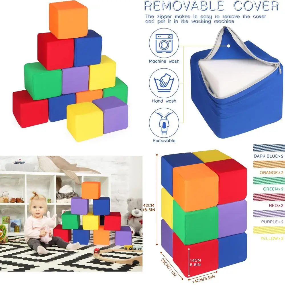 Blocchi in schiuma morbida da 12 pezzi 5,5 per bambini di 1-3 anni - Blocchi vibranti, giocattoli da lancio impilabili e sicuri per bambini