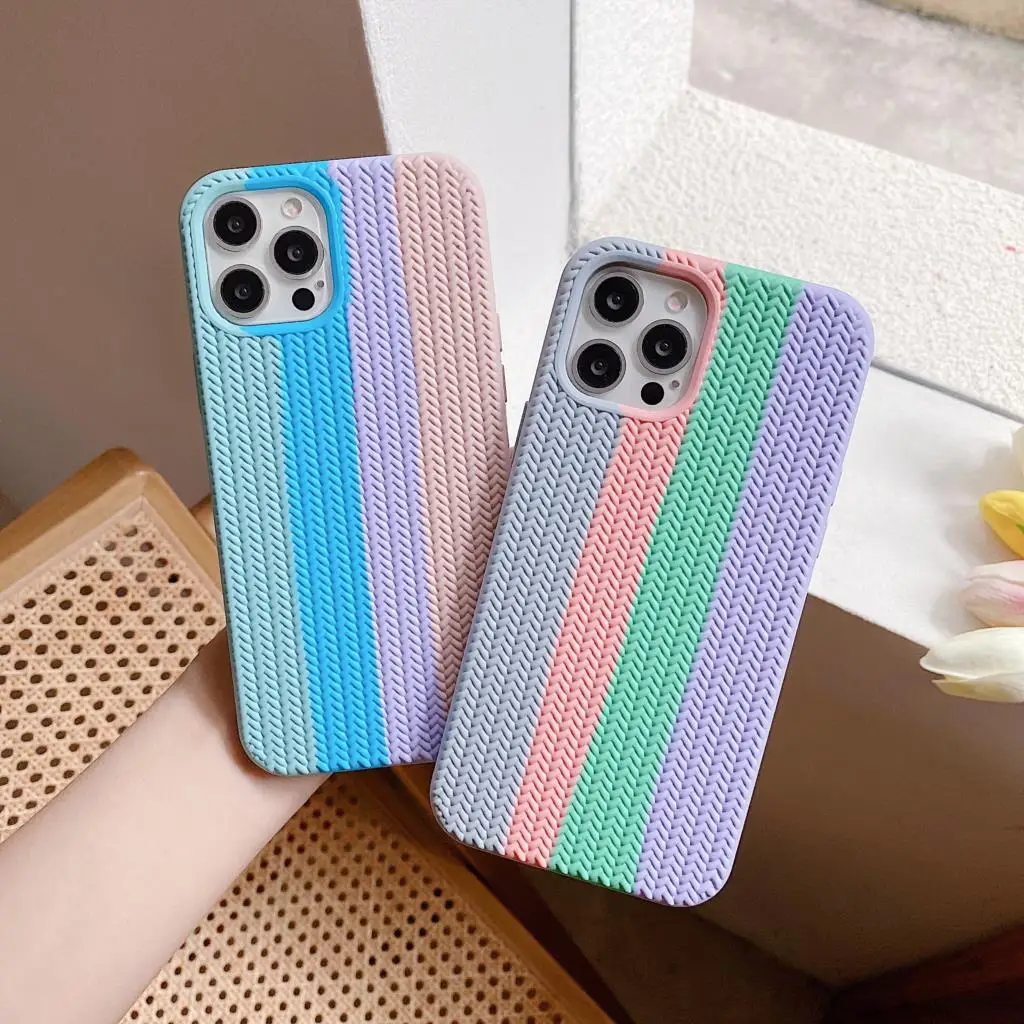 Rainbow Textures Silicone Phone Cases For iPhone 14 13 Pro Max 12 11 X XR XS Max Fashion Cover Puffer Shell For iPhone 8 7 Plus