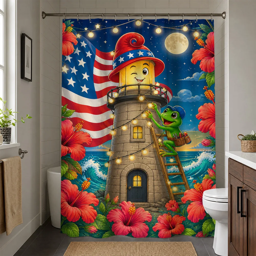 Novelty Waterproof Shower Curtain American Flag Coastal Theme Fun Nautical Bath Shower Curtain Tropical Flowers Ocean Lighthouse