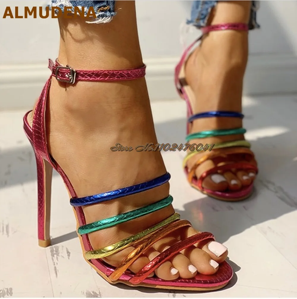 

ALMUDENA Red Blue Green Colorful Snakeskin Strappy Sandals Stiletto Heels Python Thin Band Dress Shoes Patchwork Dress Pumps