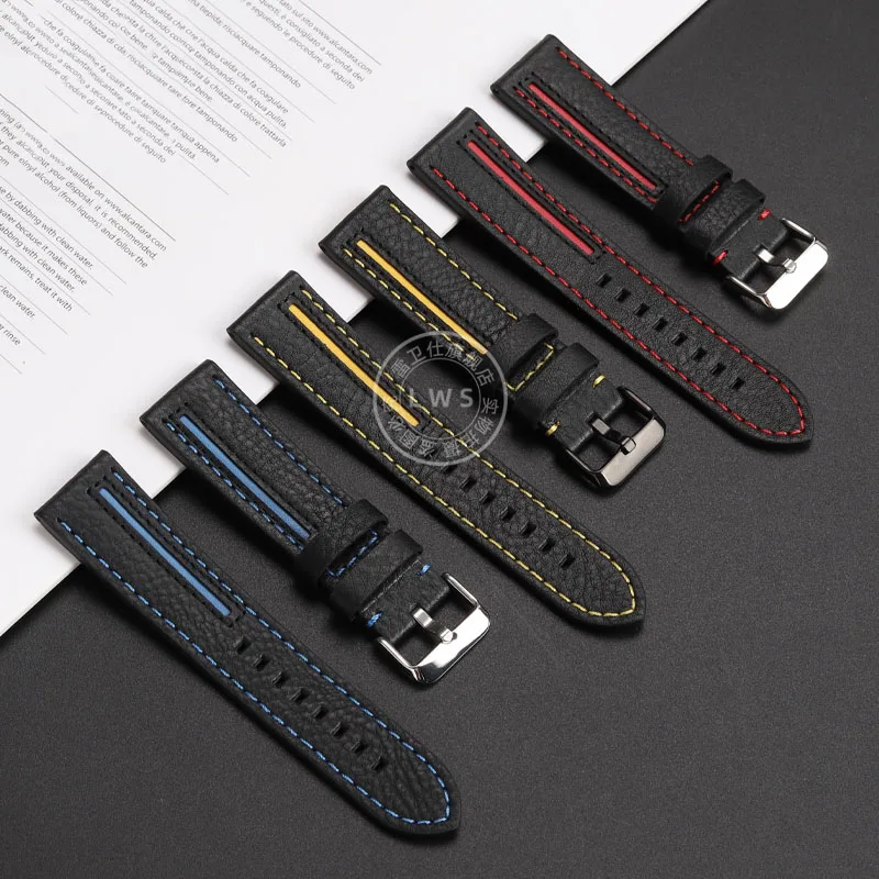 Cowhide lea/ther watchstrap 22MM soft black red blue yellow lines men watchband For CASIO EDIFICE EFR-303L 303D EQB-501 EFS-S500