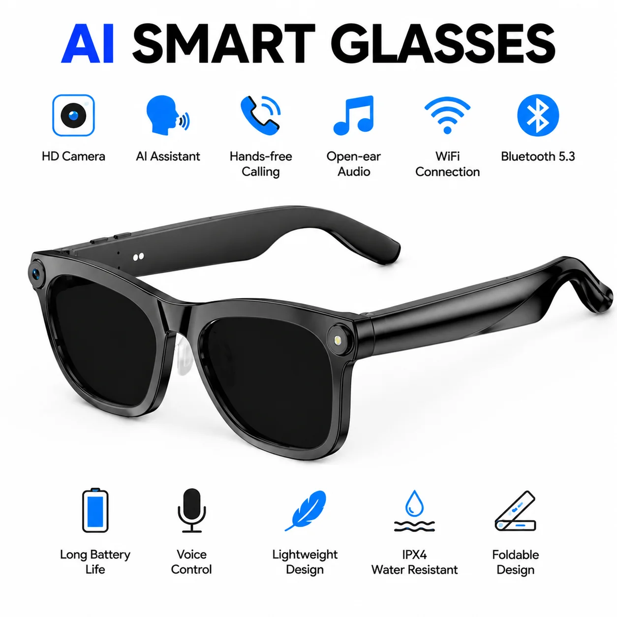 Audio Music Recognition - AI Smart Glasses with Camera, 8MP