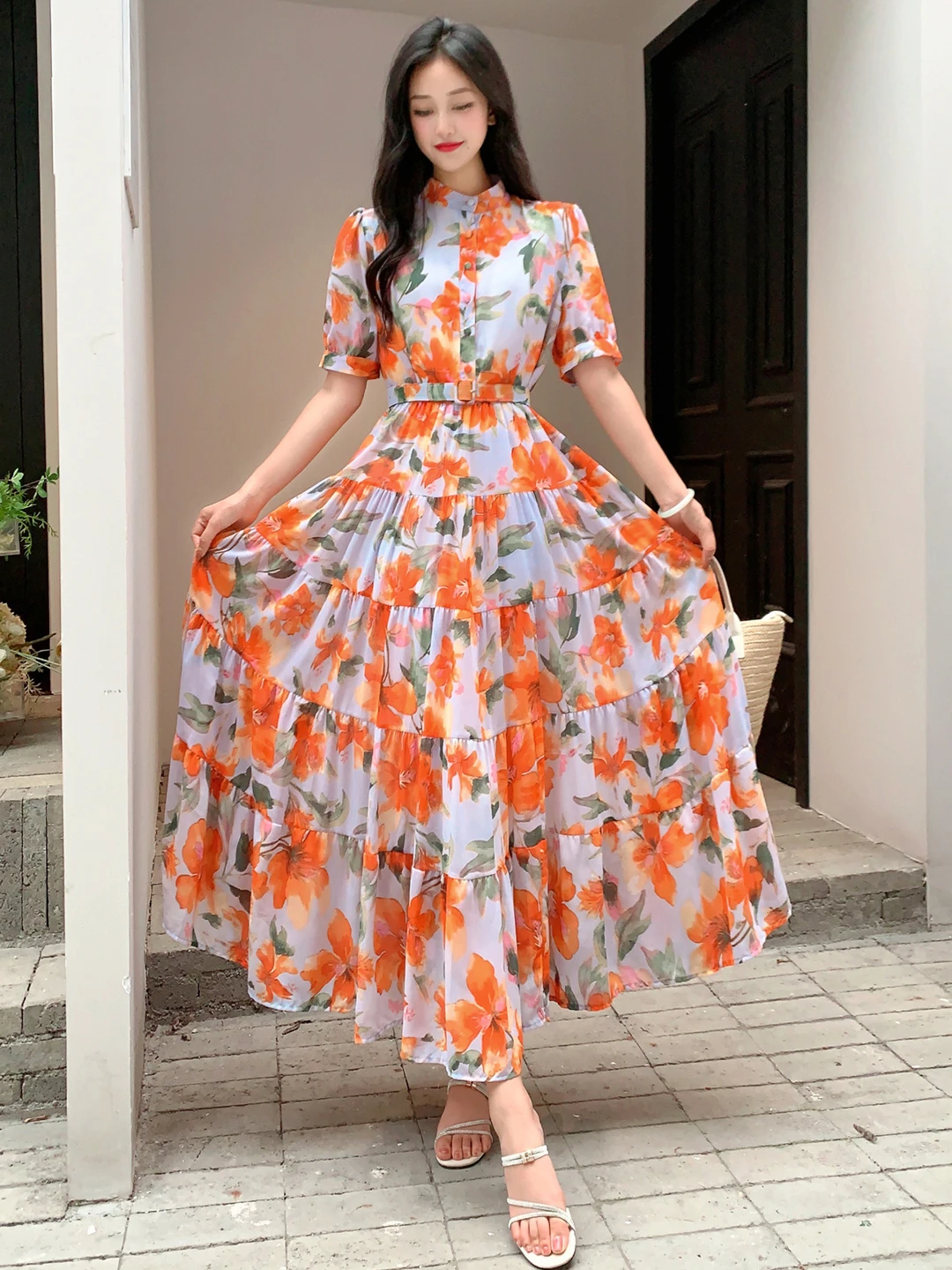 2024 New Summer Women Half High Collar Short Sleeve Belt Slim Long Dress Sweet Patchwork Big Hem Chiffon Floral Dress