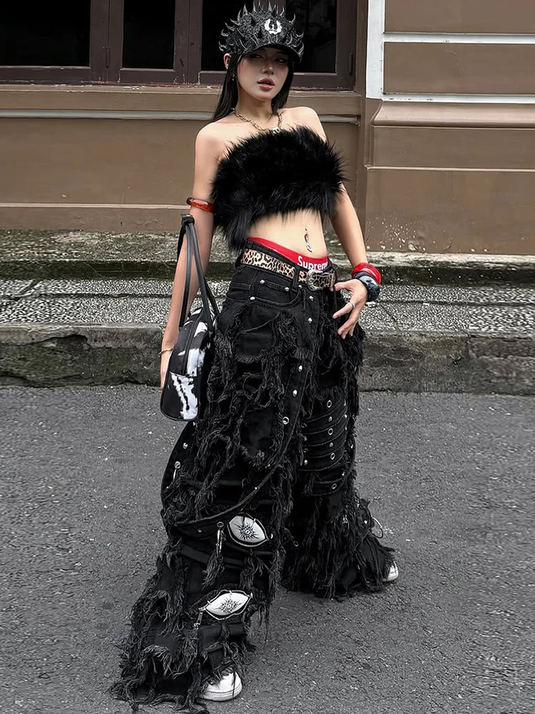 Dziwaczny Kot Dzika Piękność Futrzana Koszulka Bez Rękawów Damska Seksowna Z Frędzlami Bez Rękawów Coquette Impreza Uliczna Klubowa Styl Punk Krótki Top