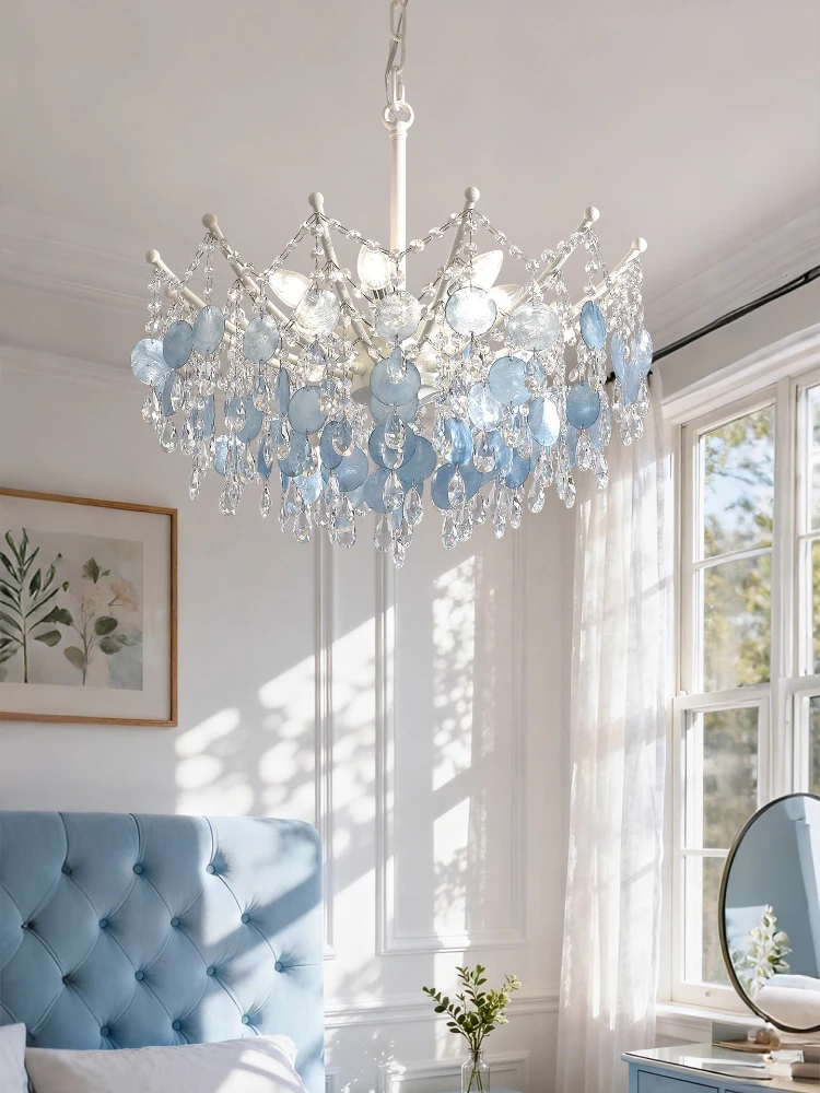 

Люстра для гостиной во французском средневековом стиле, вилла в стиле ретро синей ракушки, дуплексная спальня, хрустальная лампа, роскошное ощущение