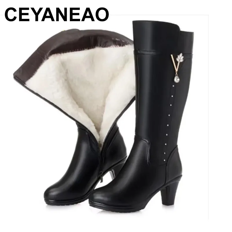 

2025 Women's Winter Boots Genuine Leather Female Boots Size Warm High-heeled Wool Boots Women Trend Riding