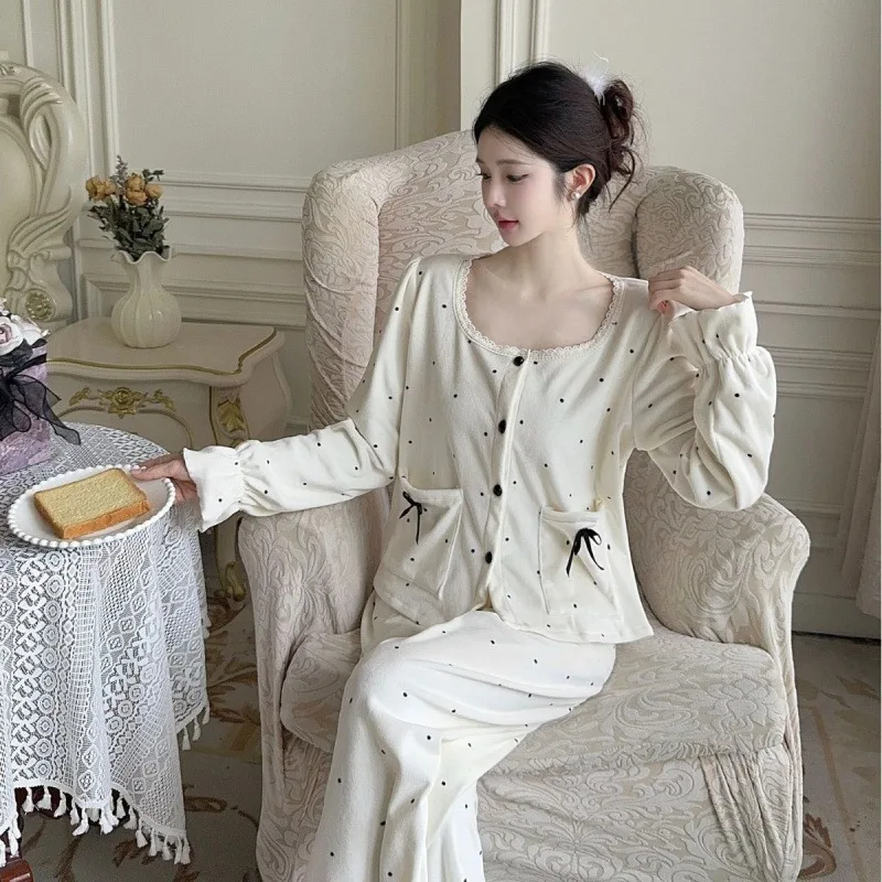 2025 Autumn Winter Women's New Island Velvet Pajamas Set Sweet Polka Dot Cardigan with Double-Sided Thickened Loungewear XL Size