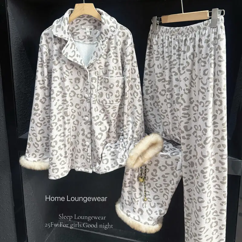 Female Furry Sleeve Gray Leopard Print Home Suit Double-Sided Island Fleece Sleepwear Luxury Pajamas Suit 2Pcs Outfit Nightwear