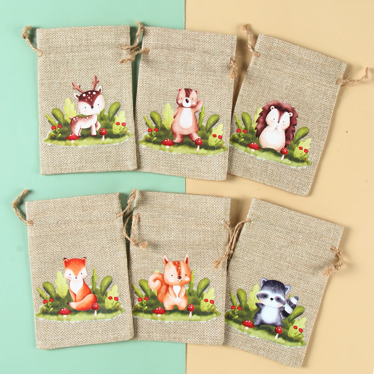 6Pcs Animal Gift Bags Jute Drawstring Burlap Bag Jungle Safari Birthday Party Decor Kids Baby Shower Chocolate Candy Bags