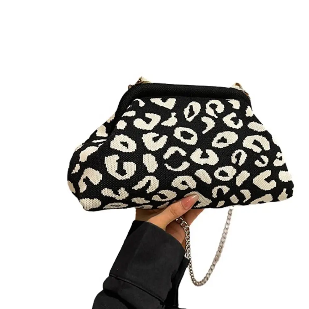 Portable Knitting Beach Clutch Bag Soft Elastic Large Capacity Cloud Bag Leopard print Woven Crochet Dumpling Clutch Summer