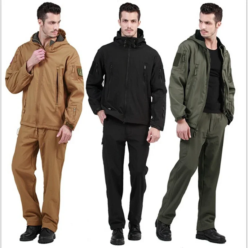 TAD Tactical Men  Hunting Hiking Fishing Explore Clothes Suit Camouflage Shark Skin Hunting Waterproof Hooded Jacket+Pants