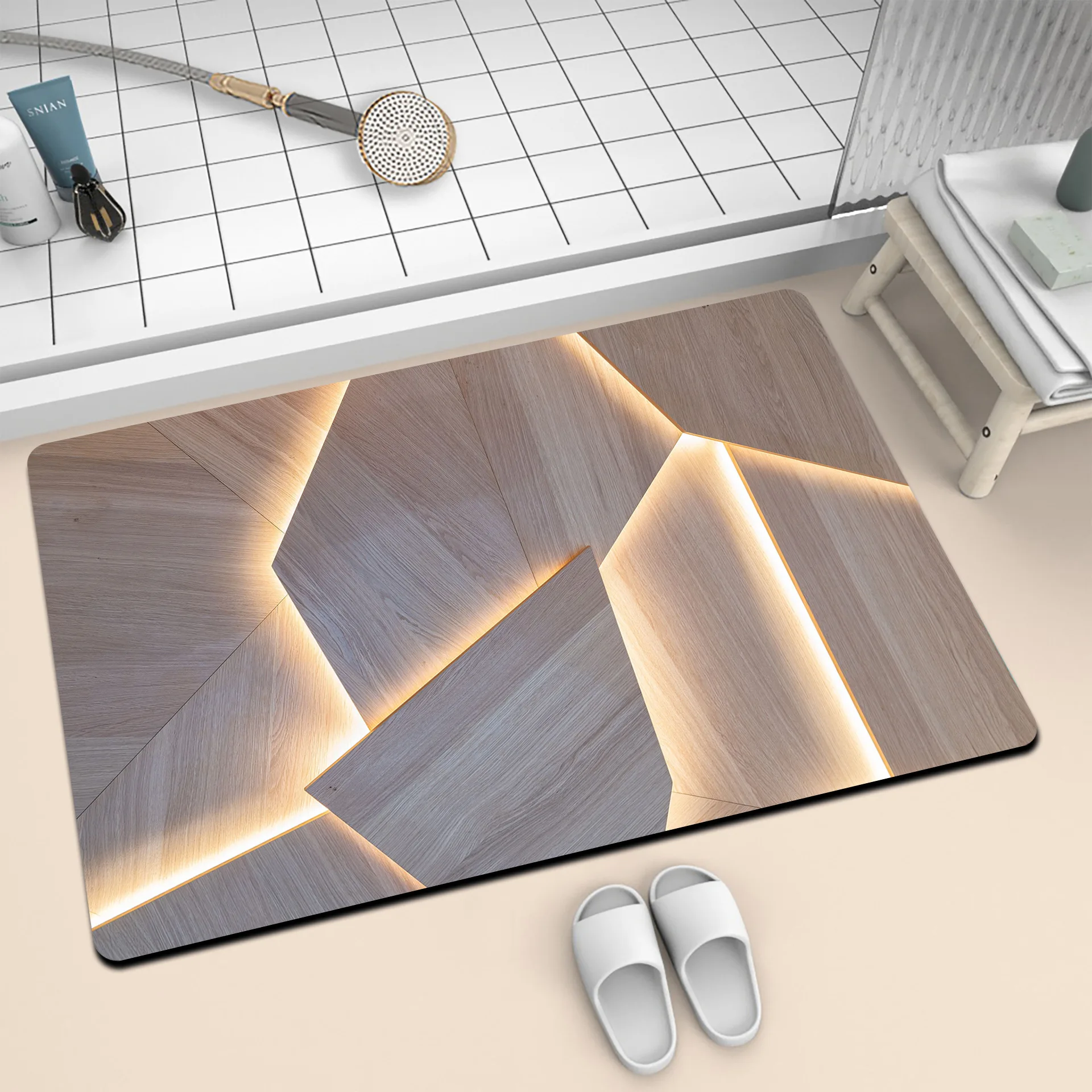 Geometric Printed Anti Slip Water Bath Mat Wood Grain Glow Effect Pattern Floor Rug for Bathroom Household Indoor Home Decor Mat